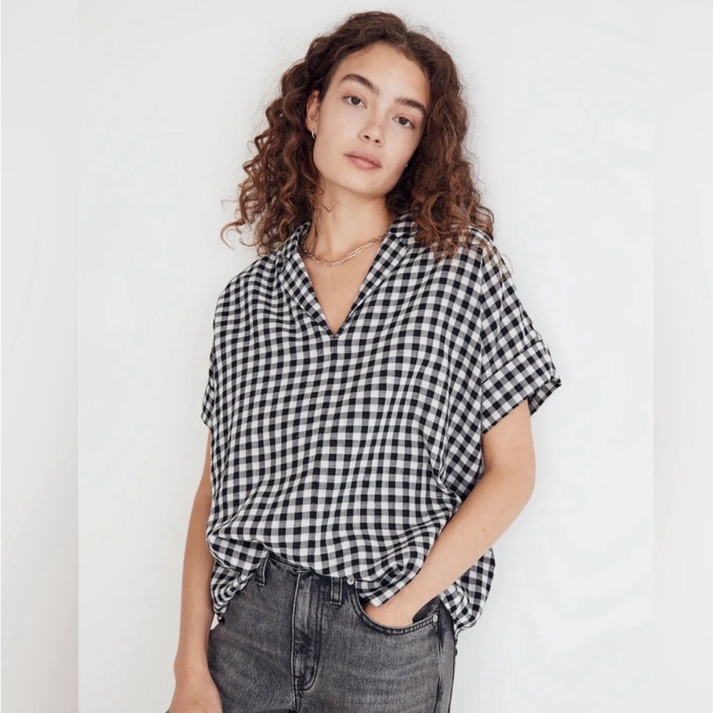 Madewell Black and White Gingham Short-Sleeve Blouse